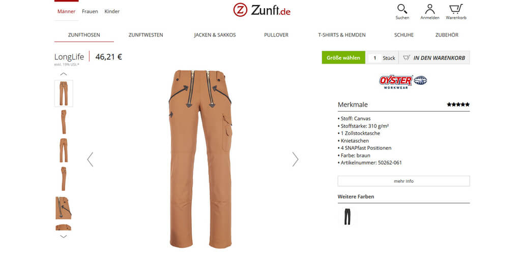 Produkdetailansicht bei zunft.de