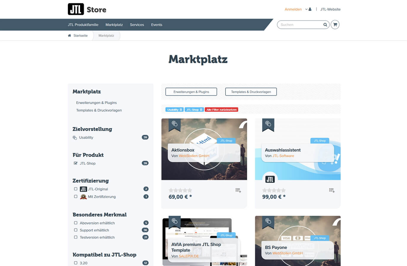 Marktplatz mit Erweiterungen im JTL-Store