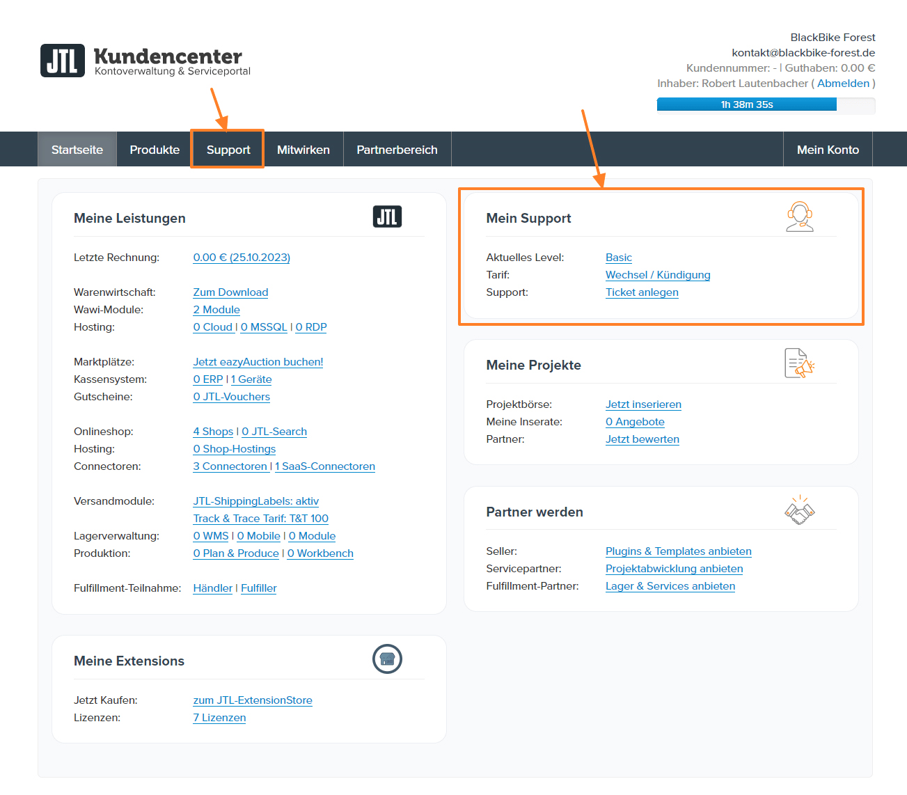 Dashboard JTL-Kundencenter - Schritt 2