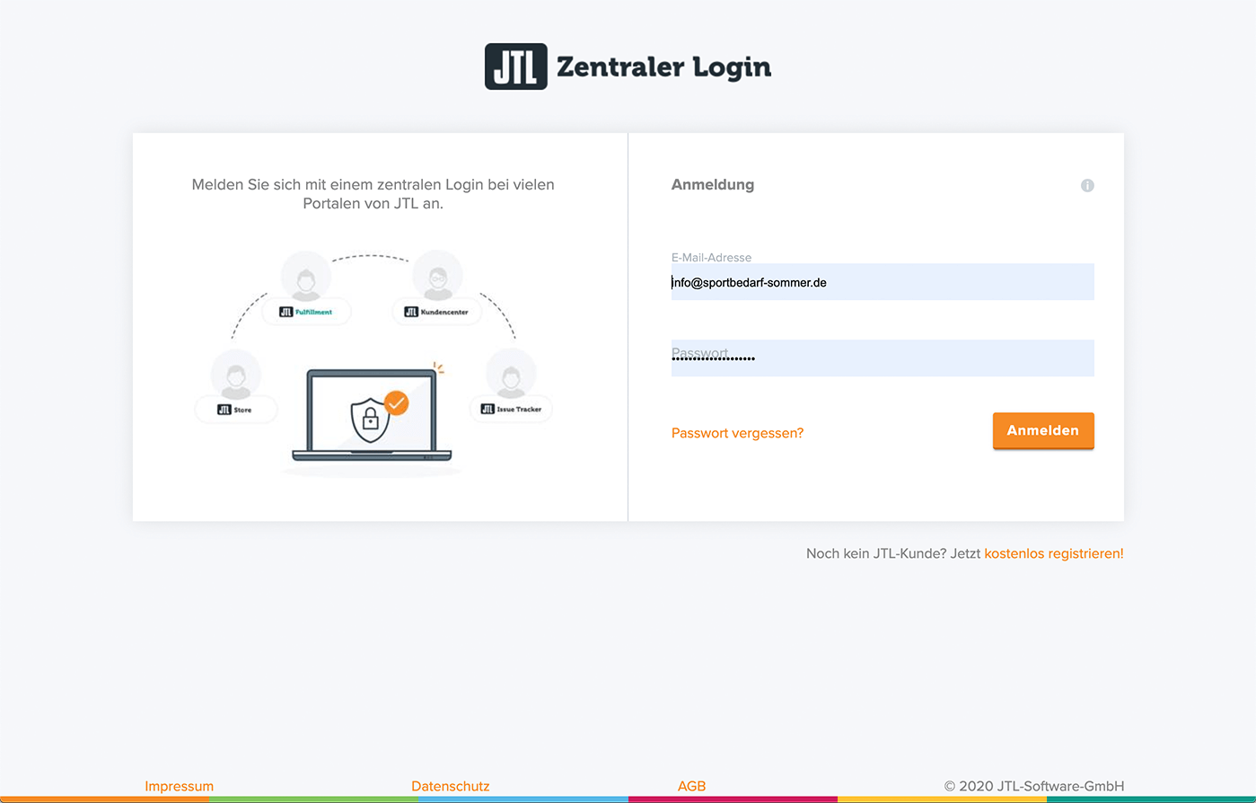 Login JTL-Kundencenter - Schritt 1