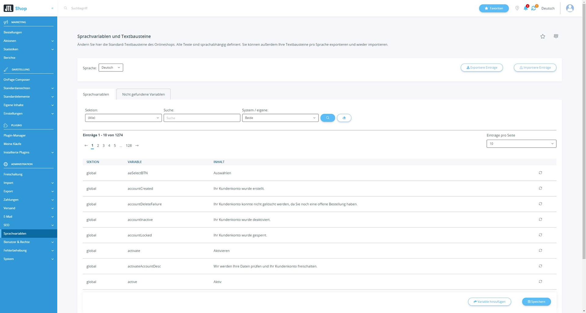 Spracherwaltung Backend JTL-Shop 5 Screenshot