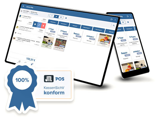 Tablet und Smartphone zeigen JTL-POS im Einsatz. Die Kasse erfüllt zu 100% die Anforderungen der KassenSichV.
