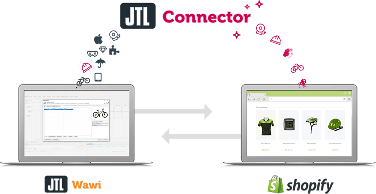 Zwischen Shopify und JTL-Wawi werden Daten mit JTL-Connector übertragen