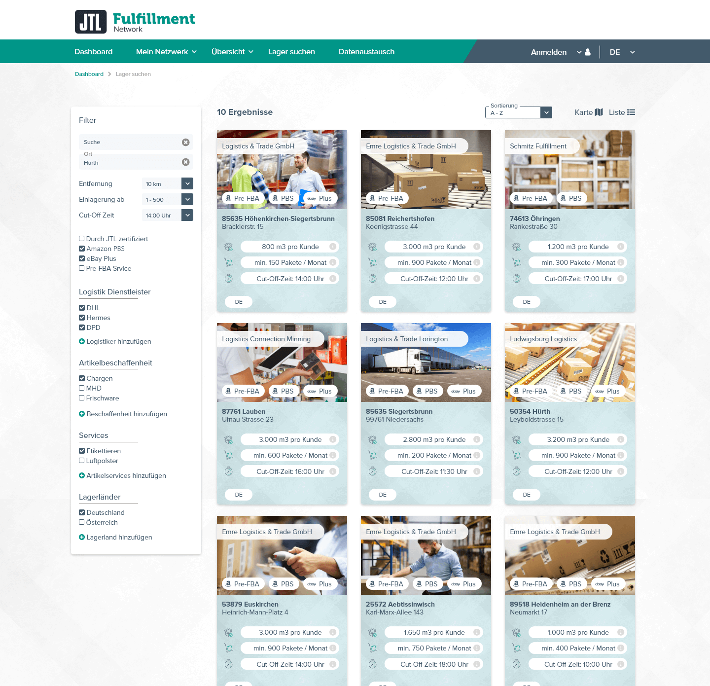 Filterergebnisse im JTL-Fulfillment Network