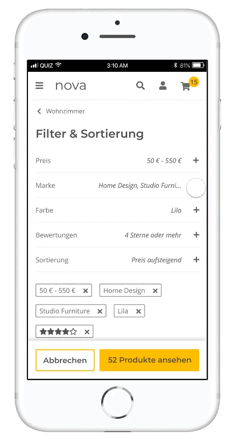 Animierte Version der Filterbedienung des Nova-Templates