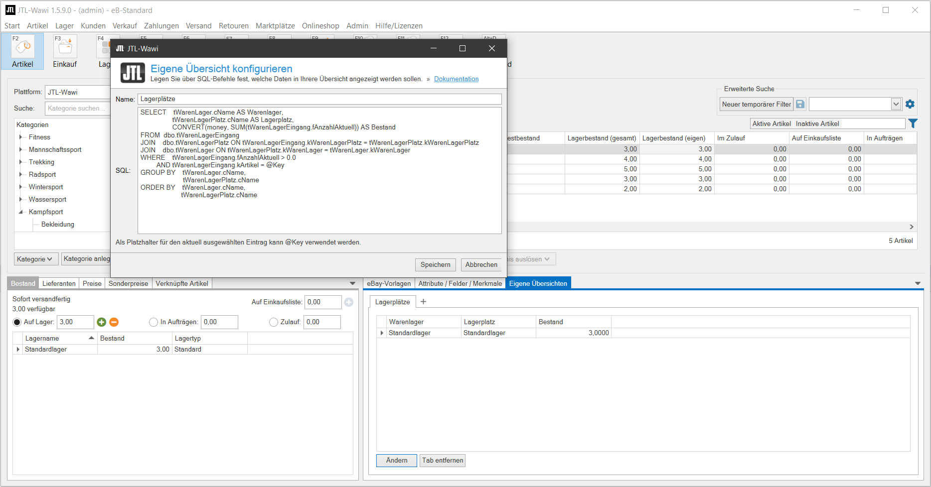 Screenshot JTL-Wawi zur SQL-Integration, um die individuellen Listenansichten zu ändern