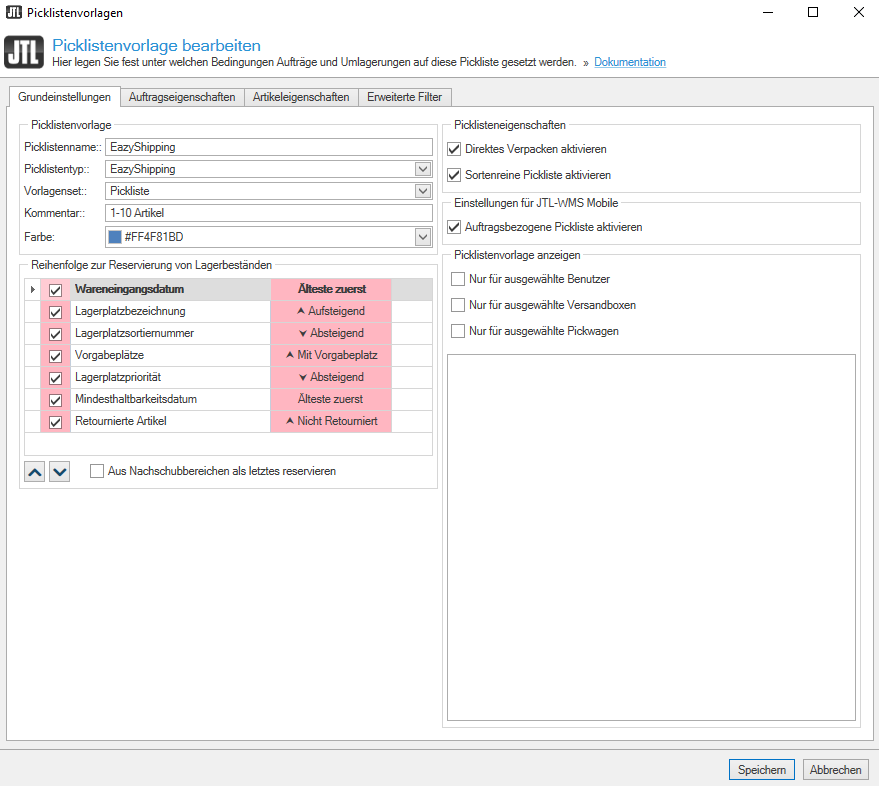 Picklistenvorlagen bearbeiten - Grundeinstellungen in JTL-Wawi 1.6