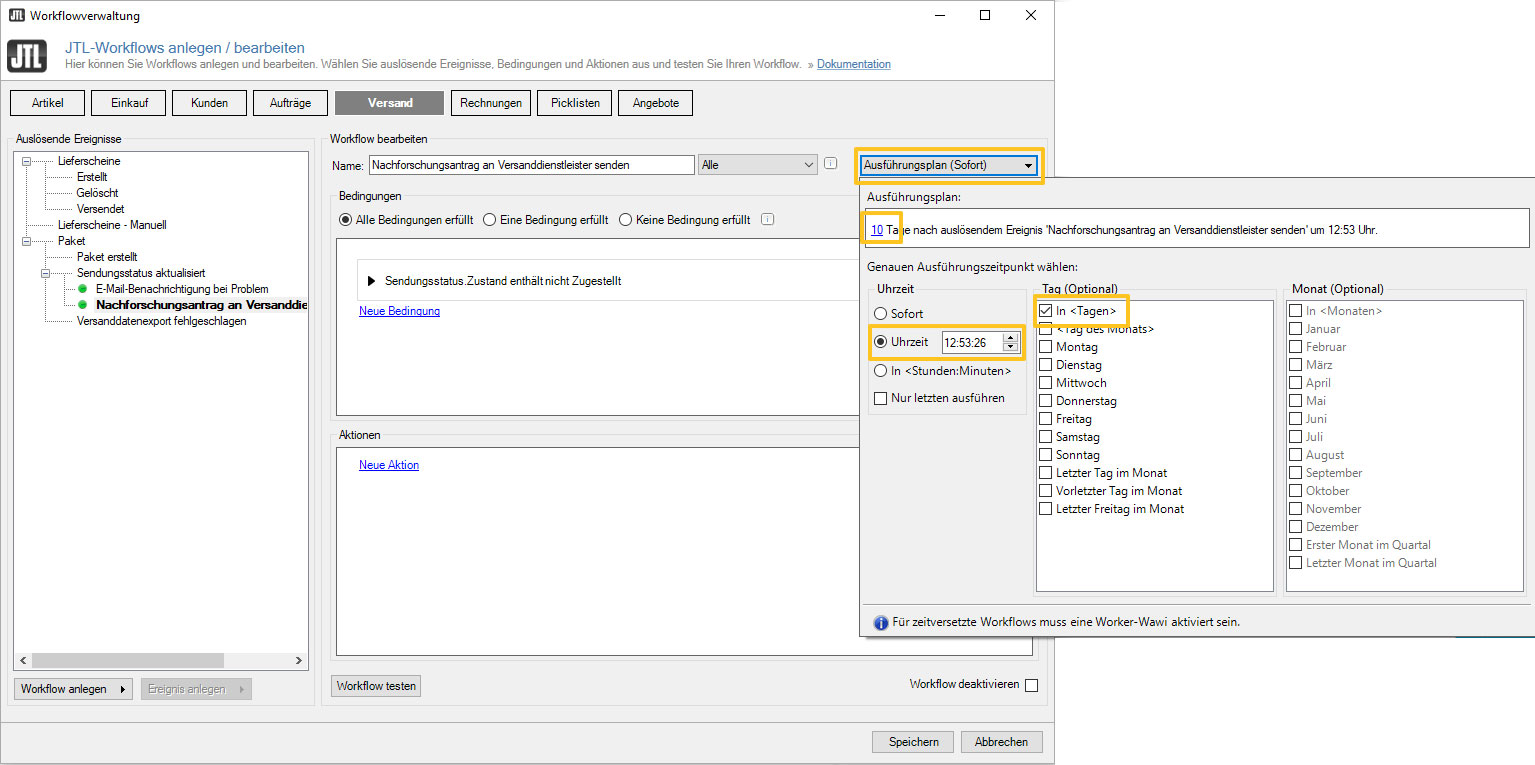 Dialogfenster für zeitversetzten Workflow in JTL-Wawi
