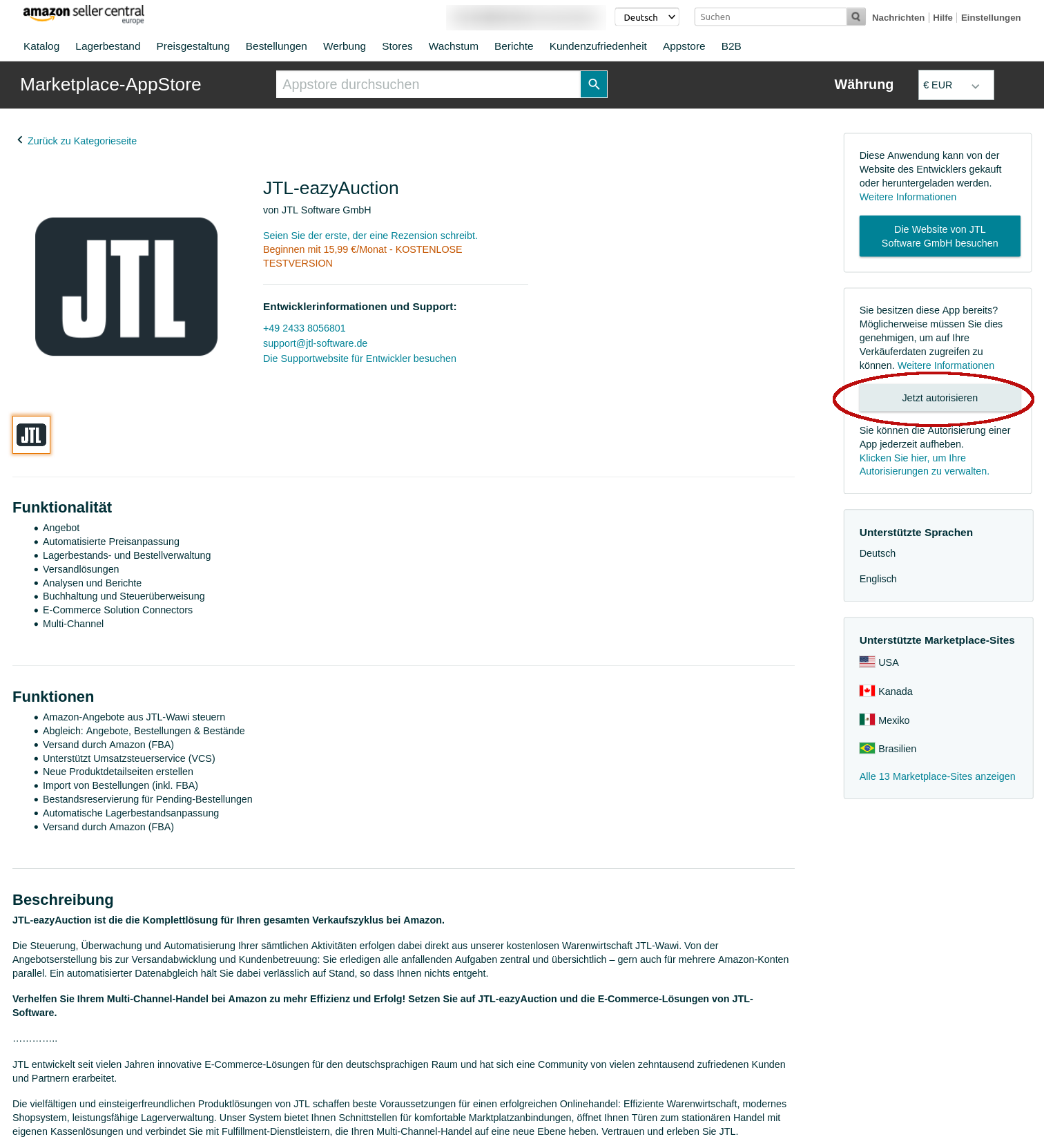 Screenshot: Amazon Marketplace-AppStore JTL-eazyAuction Übersichtsseite