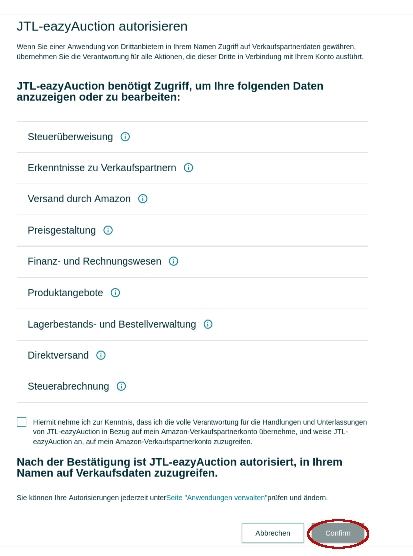 Screenshot: Consent Page zur Autorisierung von JTL-eazyAuction