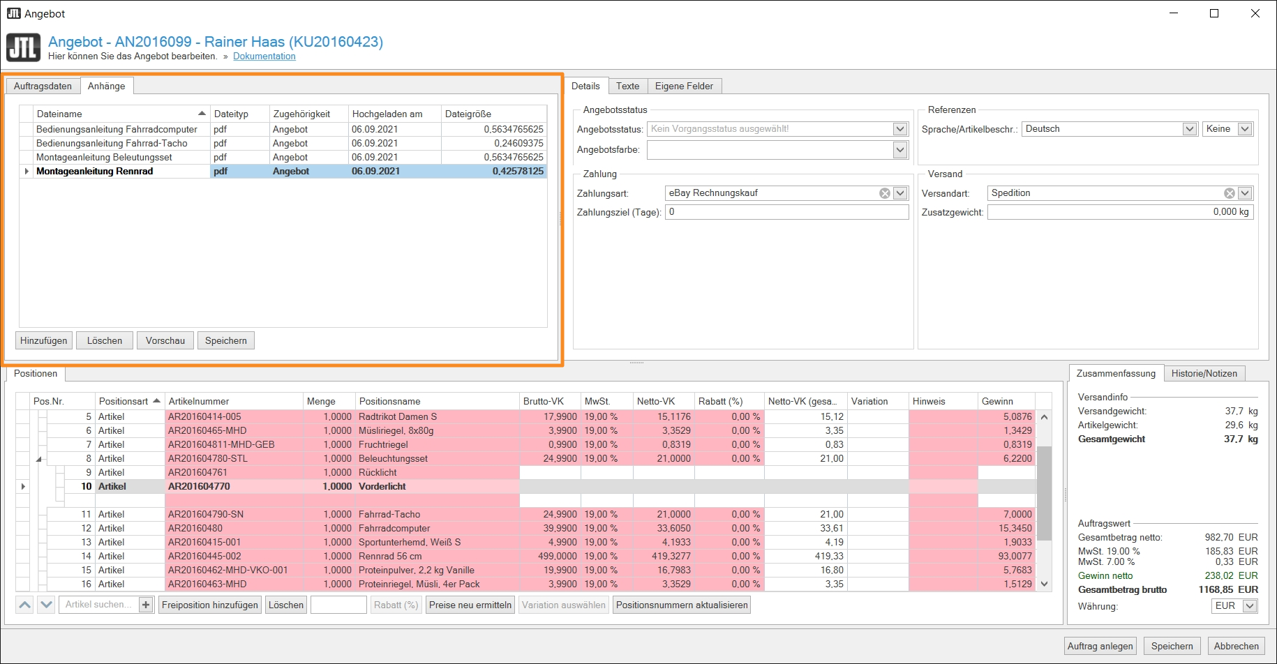 JTL-Wawi 1.6.: Screenshot des neuen Features 
