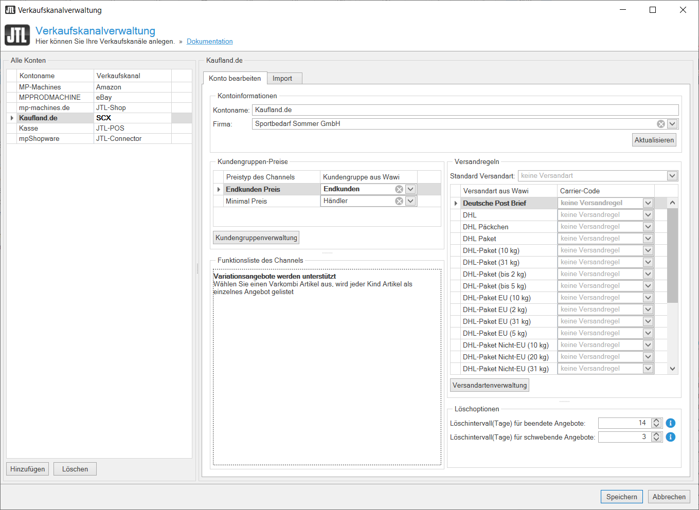 JTL-Wawi 1.6. SCX: Verkaufskanalverwaltung