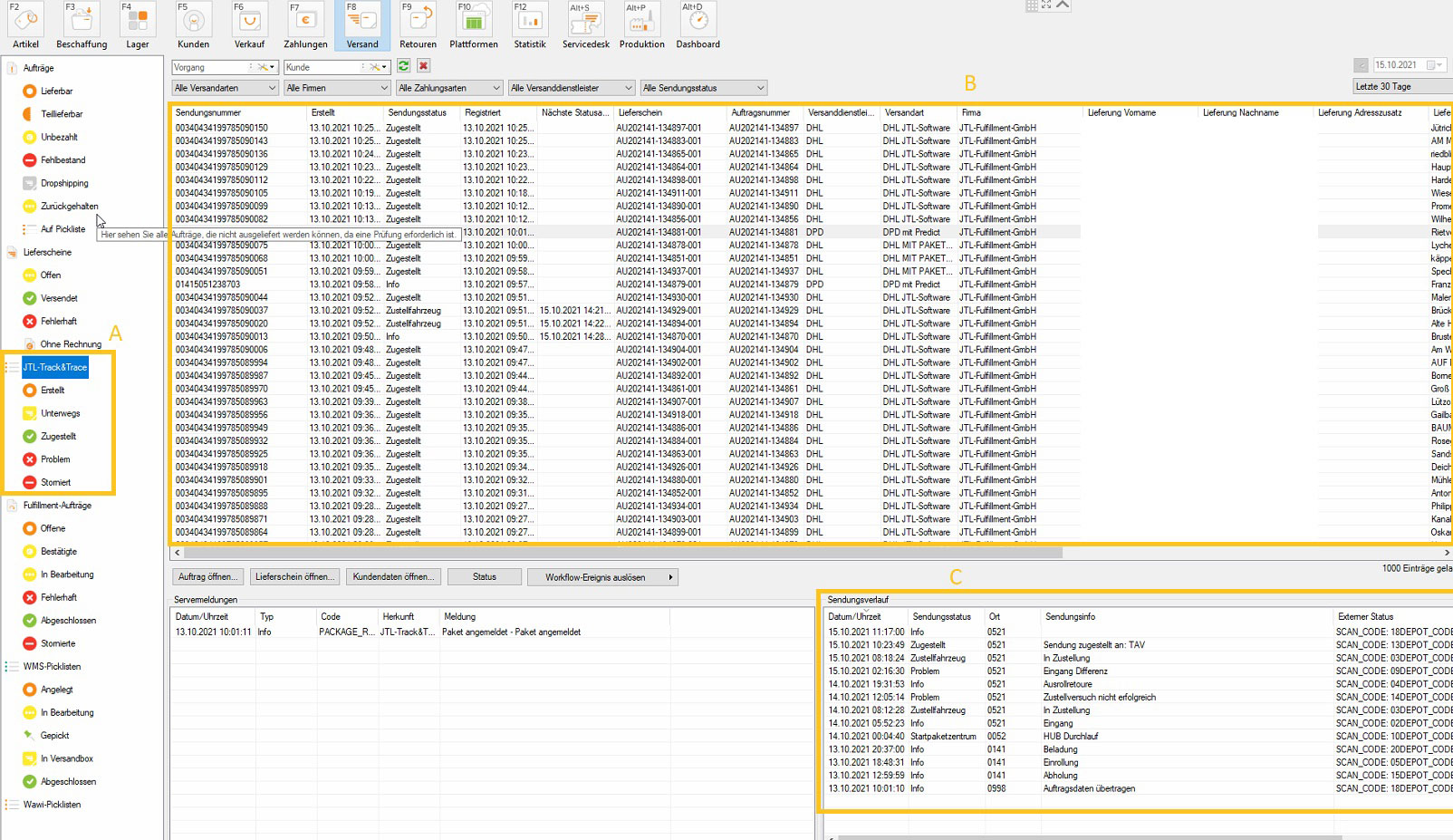Ansicht JTL-Track&Trace in JTL-Wawi