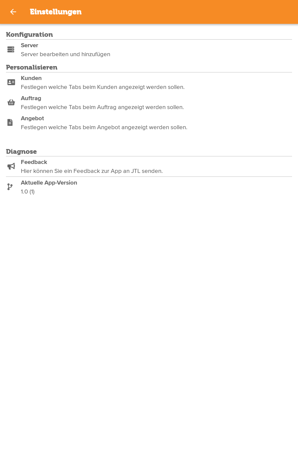 JTL-Wawi App: Screenshot Einstellungen