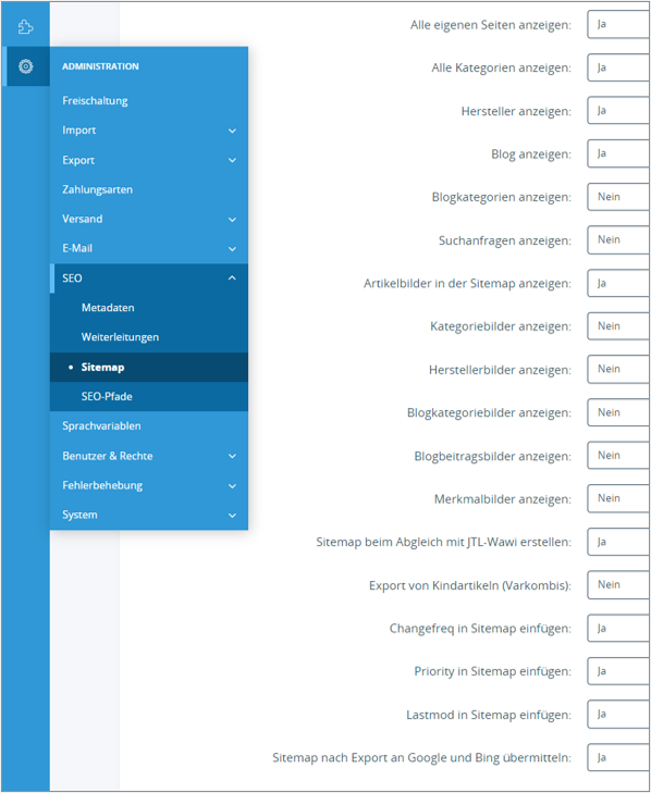 SEO und Sitemap-Einstellungen in JTL-Shop 5