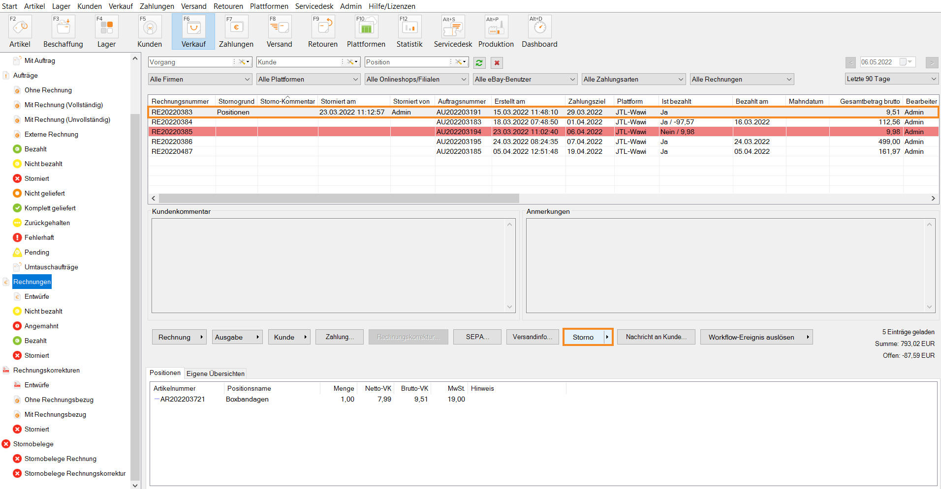 Verbessertes Handling Rechnungserstellung JTL-Wawi 1.6