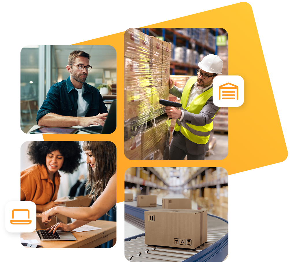 Eine Collage aus vier Fotos zeigt verschiedene Aspekte moderner Logistik und E-Commerce-Prozesse. Oben links: Ein Mann mit Brille arbeitet konzentriert an einem Laptop in einem modernen Büro. Oben rechts: Ein Arbeiter mit Schutzhelm und Warnweste scannt Ware in einem großen Lager. Unten links: Zwei Frauen, eine davon tippt auf einem Laptop, während die andere auf ein Paket zeigt – sie arbeiten gemeinsam an einem Versand- oder Online-Shop-Projekt. Unten rechts: Pakete auf einem Förderband in einem automatisierten Lager. Überlagert sind Icons für Lagerverwaltung und digitale Arbeitsprozesse.