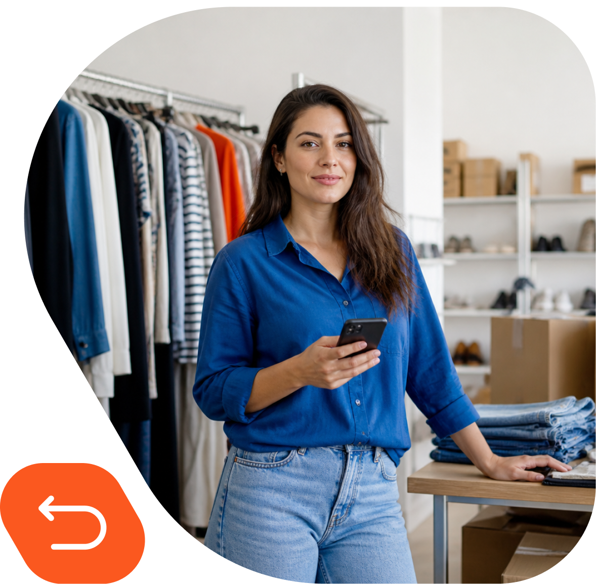 Fashion-Händlerin in ihrem Geschäft mit schwebenden Produkt-Logos von JTL-Wawi, JTL-WMS, JTL-Shop, Returnless und Dealavo – das JTL-Ökosystem für Fashion-Händler