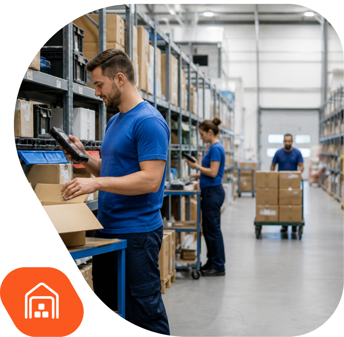 Drei Lagermitarbeiter kommissionieren mit MDE-Geräten in einem professionellen Fulfillment-Lager