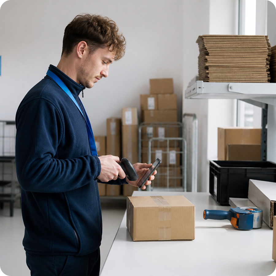 Lagermitarbeiter scannt Paket mit Barcode-Scanner am Packtisch