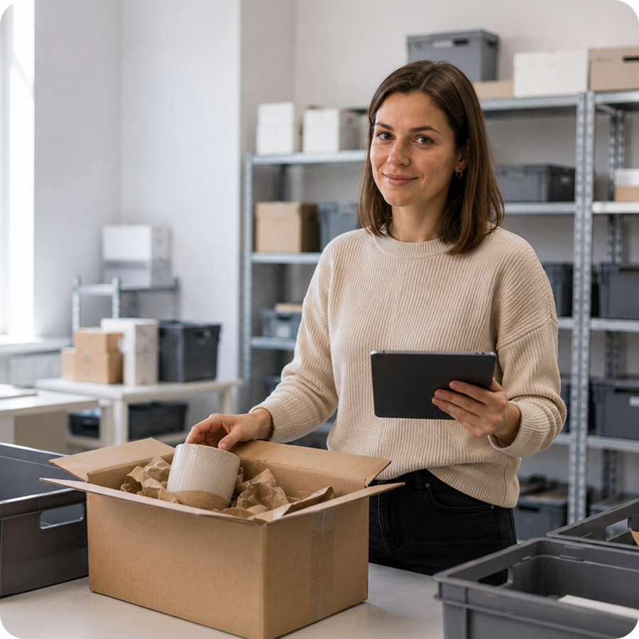 Händlerin bearbeitet sorgfältig ein Paket an ihrem Schreibtisch mit Schuhkartons im Hintergrund – Retourenmanagement mit Returnless und JTL für Fashion- und Schuhhändler