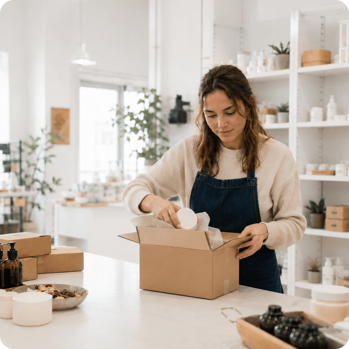 Eine Frau in Jeansschürze packt ein Produkt in einen Versandkarton in einem hellen Kosmetik- oder Naturkostladen. Im Hintergrund stehen Regale mit Pflegeprodukten und Pflanzen.