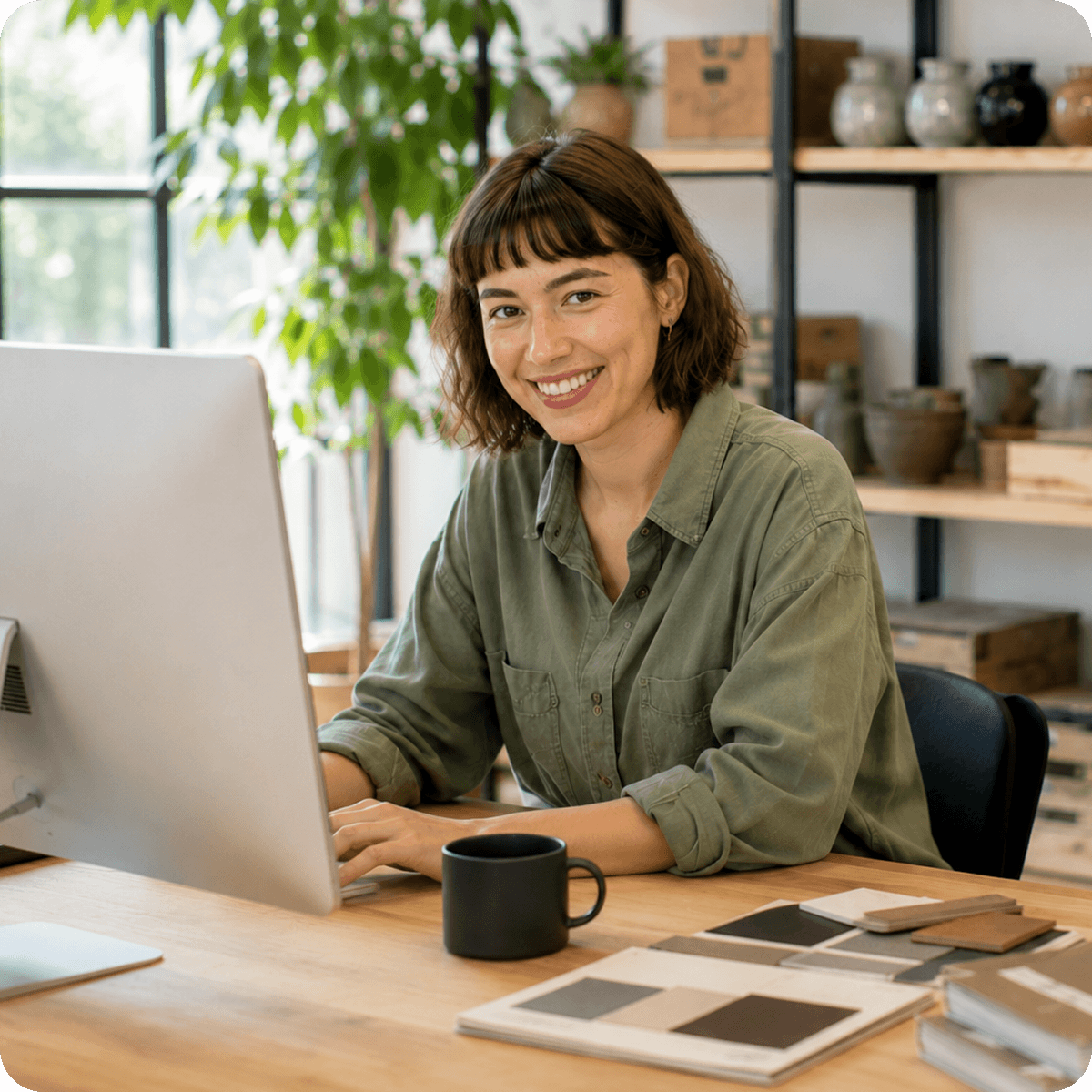Eine lächelnde Frau arbeitet an einem Desktop-Computer in einem hellen, pflanzendekorierten Arbeitsraum. Auf dem Holzschreibtisch stehen eine Kaffeetasse und Farbmuster; im Hintergrund sind Regale mit Keramik zu sehen.