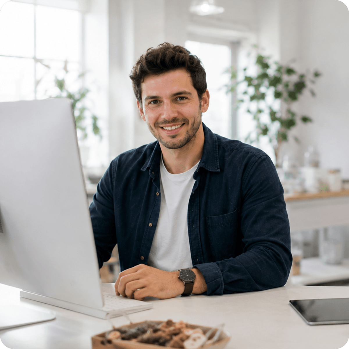 Ein lächelnder Mann sitzt an einem Desktop-Computer in einem hellen, modernen Büro oder Ladenraum. Auf dem Schreibtisch liegen ein Tablet und weitere Gegenstände.